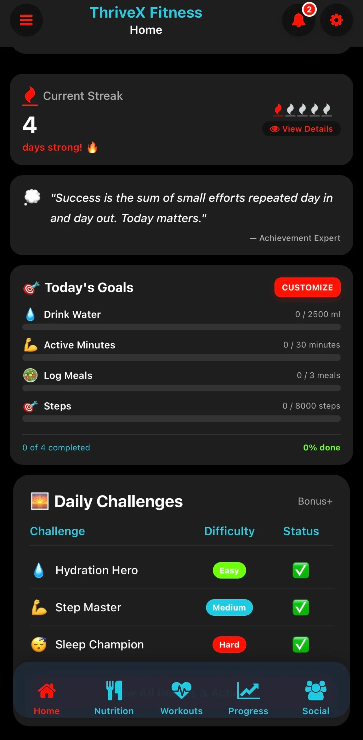 Thrive X Fitness App wellness check-in interface