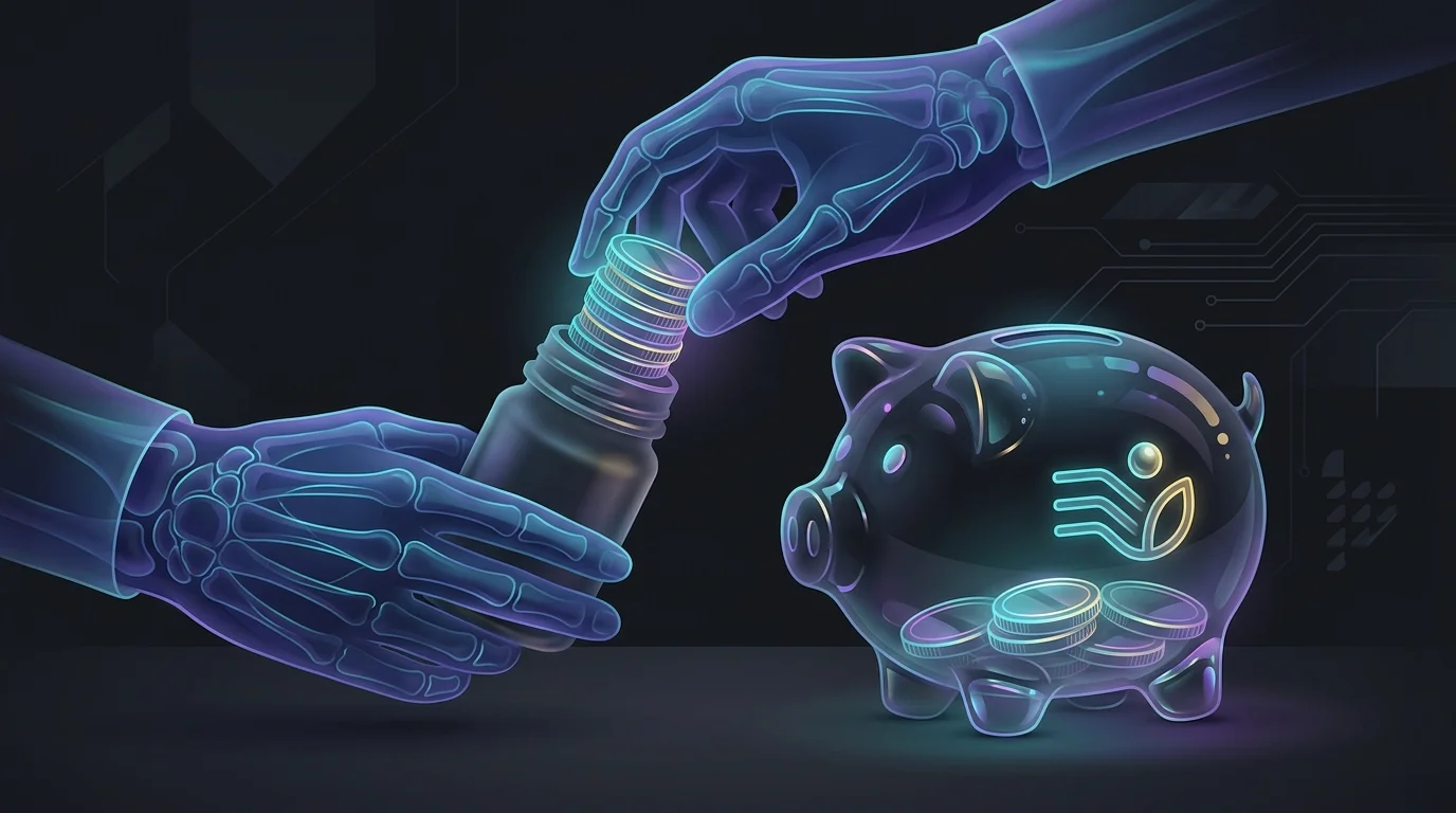 Hands moving coins from a prescription bottle into a piggy bank to represent lower drug costs and improved finances.