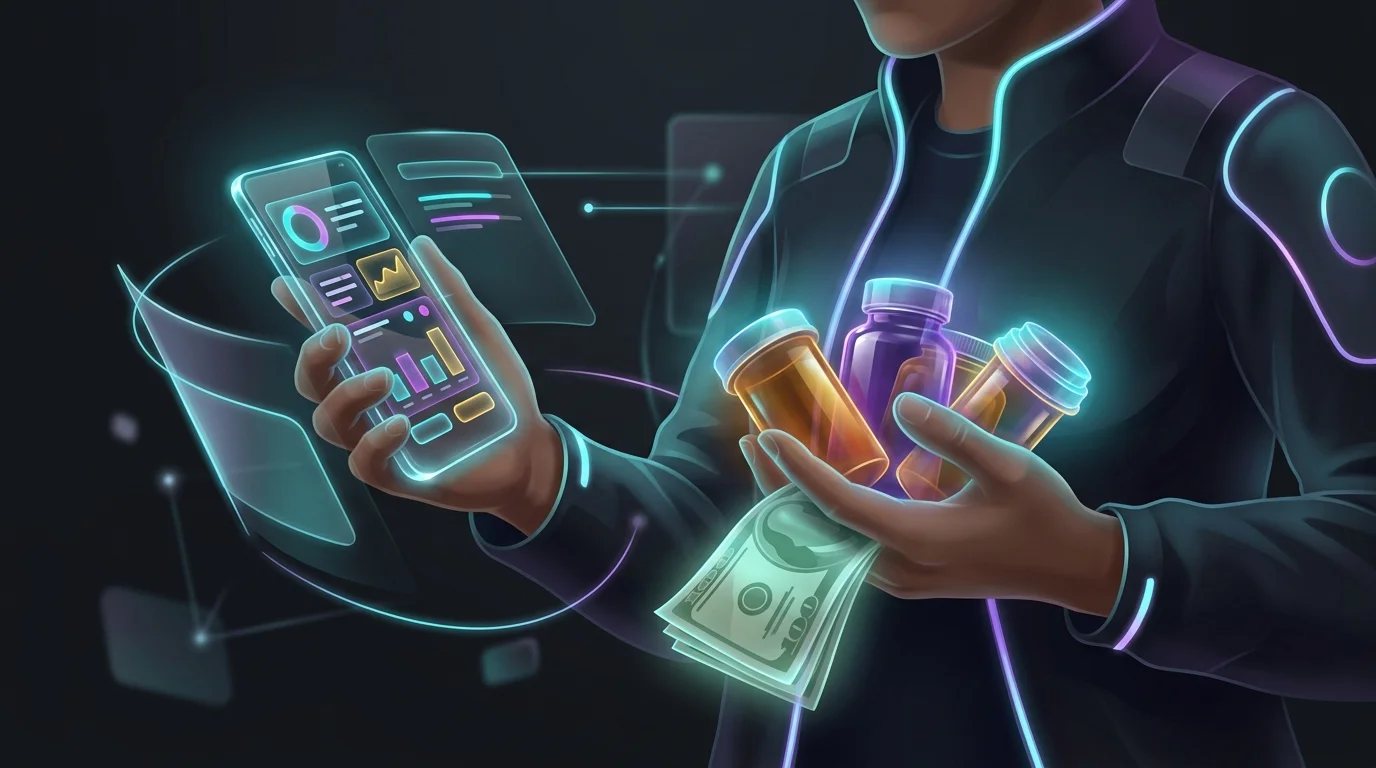 Person using a smartphone to compare TrumpRx.gov prescription drug prices while holding medicine and cash.