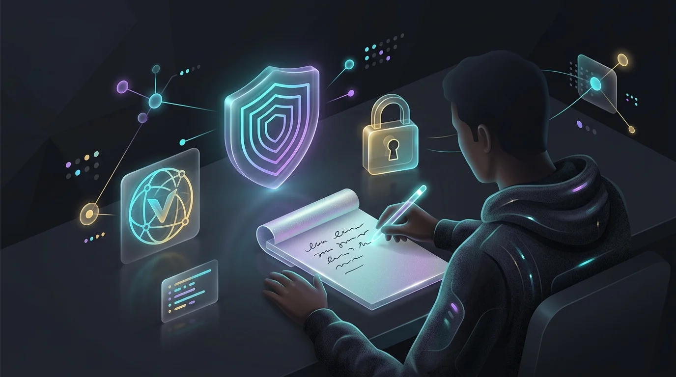 Person writing a family safe word on a notepad to build an AI voice-clone protection plan.