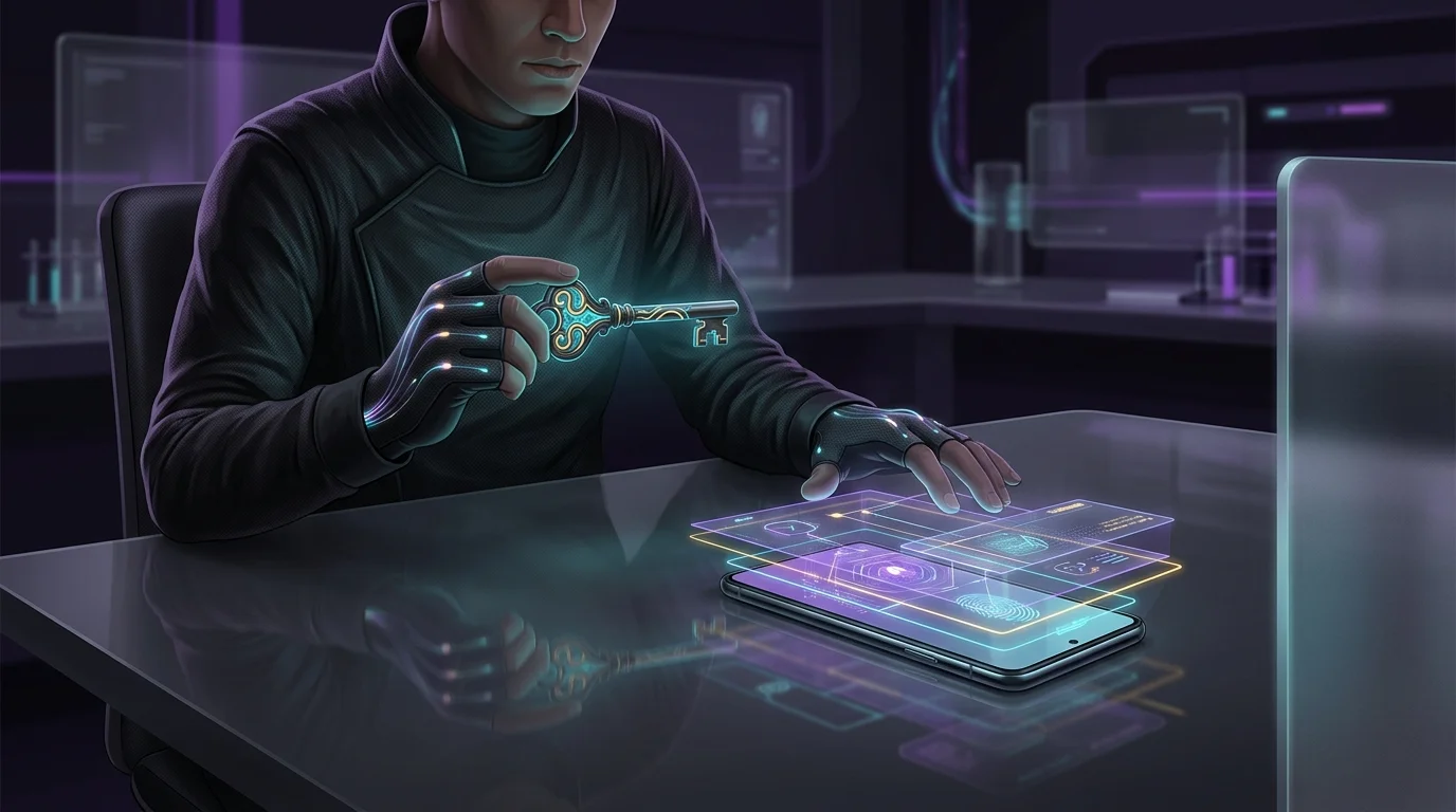 Person holding a physical key near a smartphone to illustrate human verification for AI voice-clone protection.