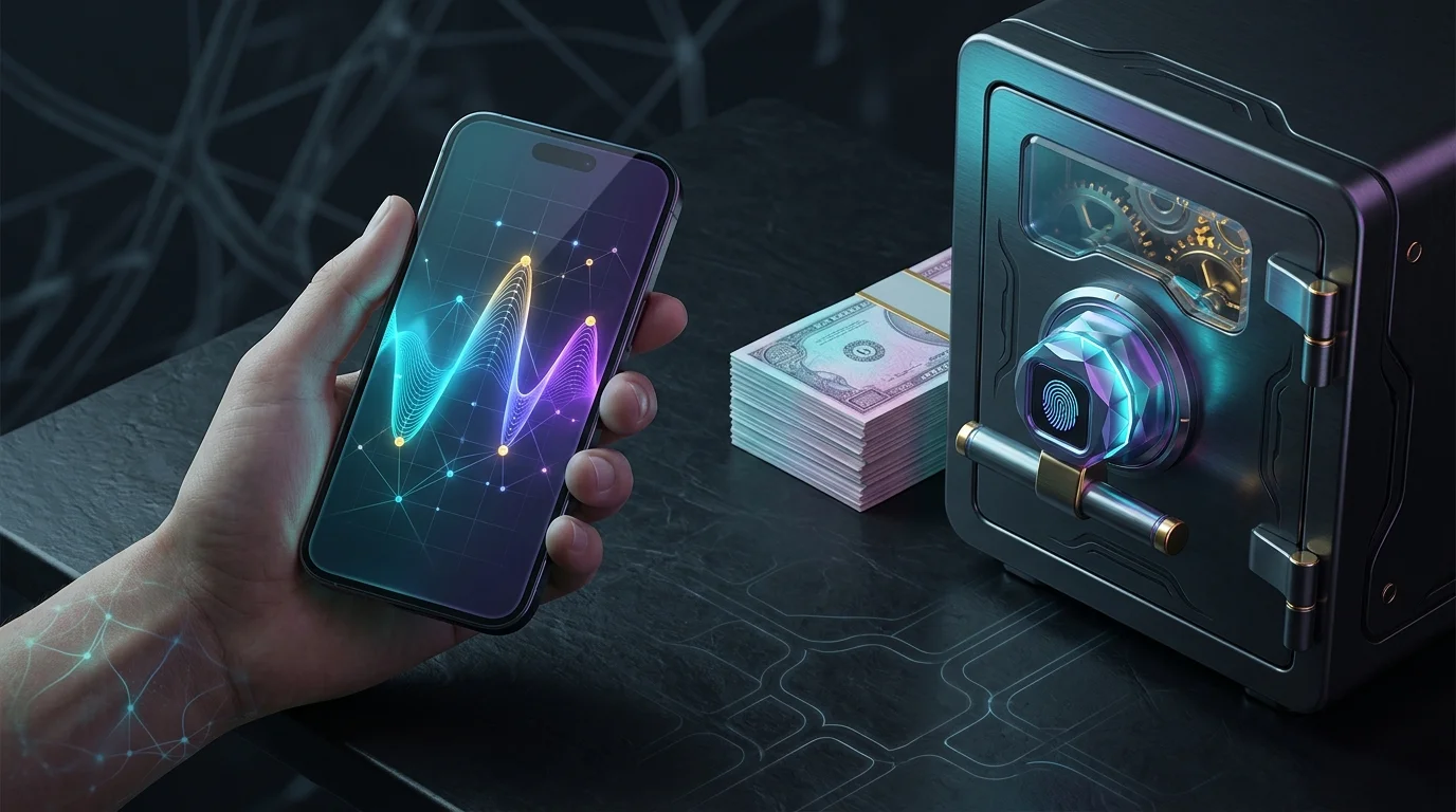 Smartphone displaying a waveform next to cash and a safe, highlighting the financial risks of AI voice-clone scams.