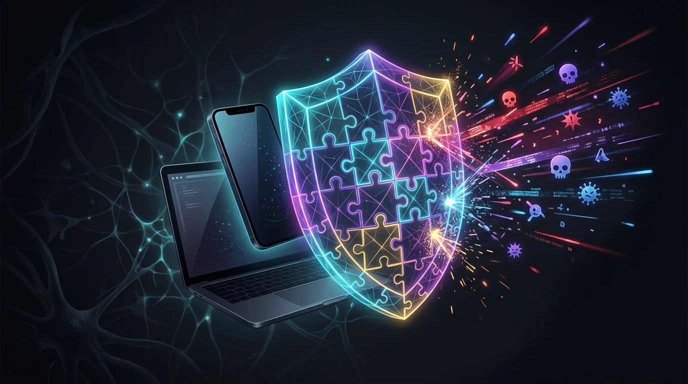 Digital shield protecting a smartphone and laptop from cyber threats as part of an AI voice-clone safety strategy.