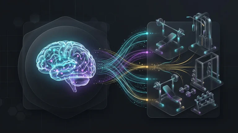 Digital brain connecting algorithms to gym equipment for a precise AI workout plan generator.