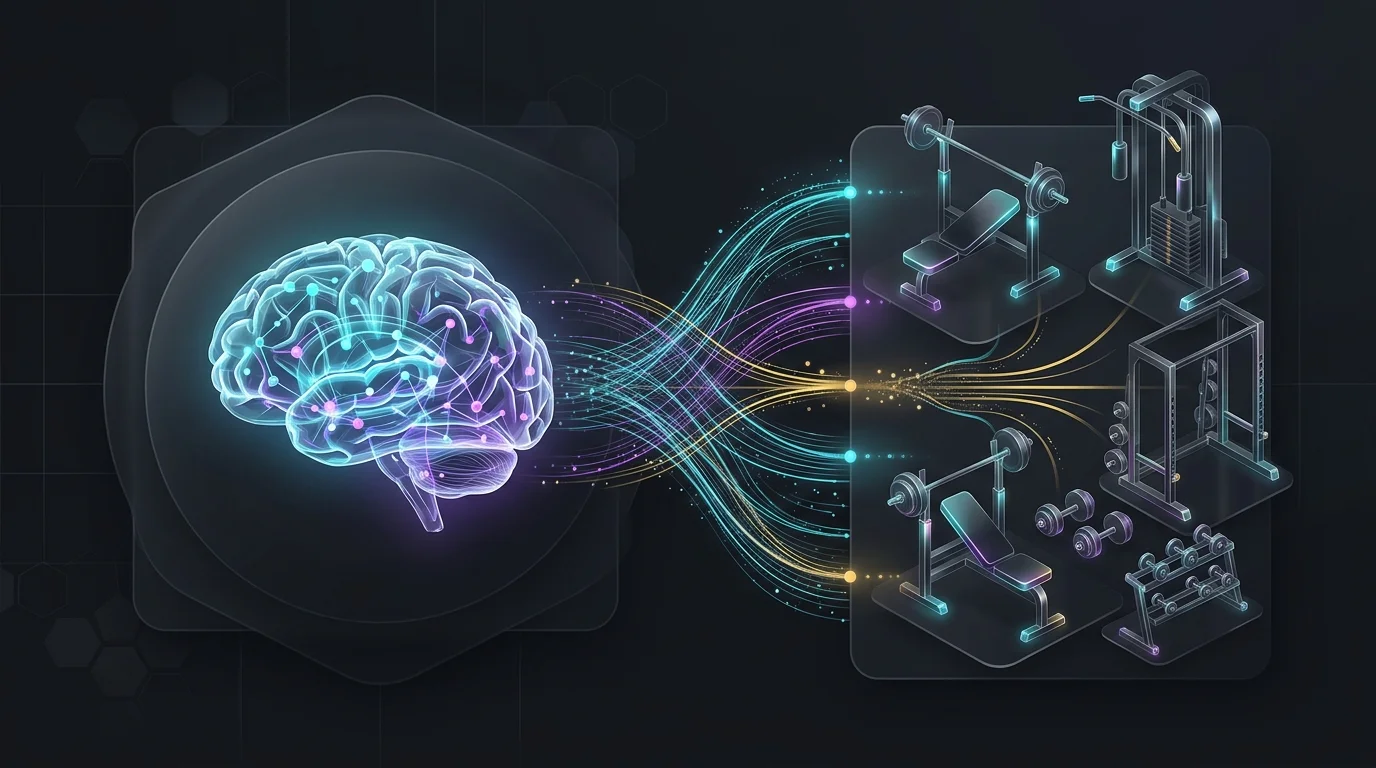 Digital brain connecting algorithms to gym equipment for a precise AI workout plan generator.