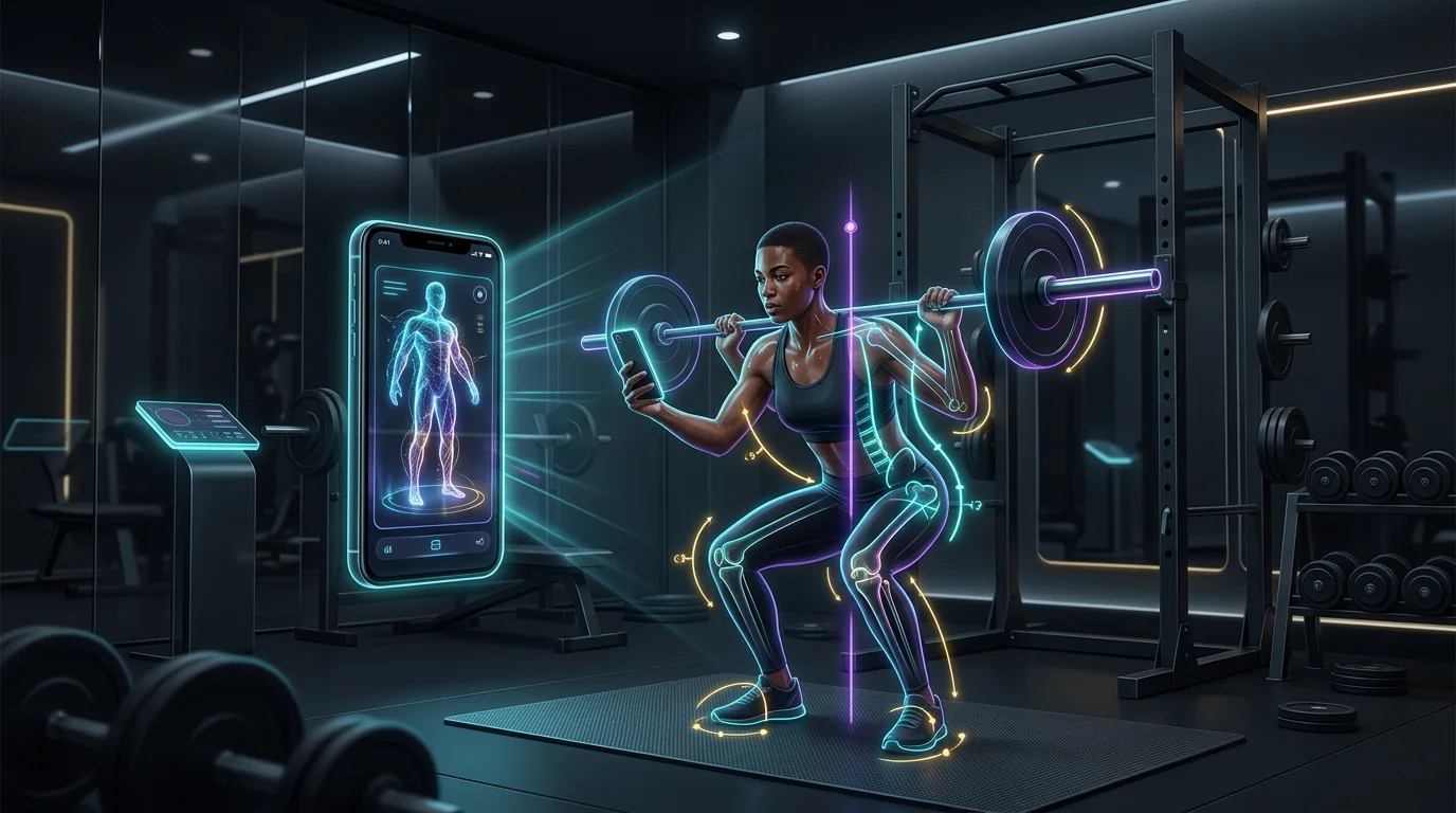 Smartphone displaying an AI workout plan generator providing real-time form correction in a home gym.