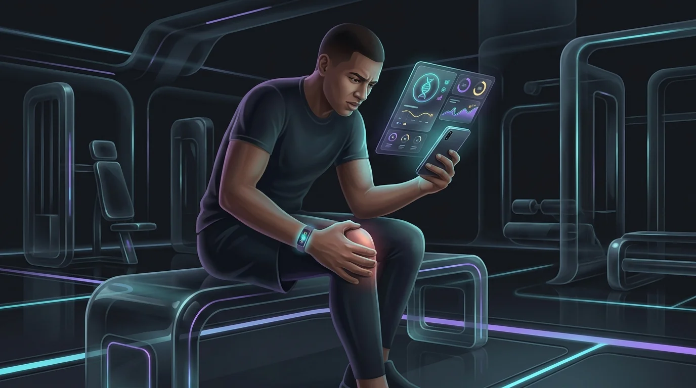 Person with a fitness tracker holding an aching knee while reviewing an AI workout plan on a smartphone in the gym.