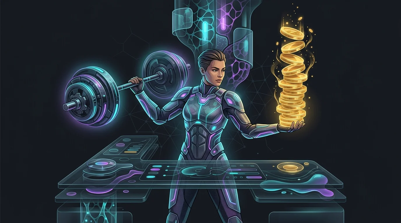 Person balancing a barbell and gold coins, illustrating how AI workout plans impact long-term financial health.