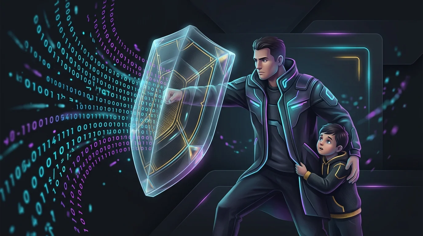 Parent holding a glass shield to block digital binary code from a child to illustrate Thrive X Secure data privacy.