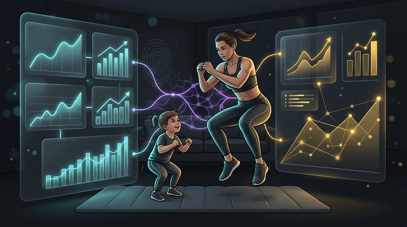 Parent exercising with a child as Thrive X Fitness app interface displays personal health and financial growth metrics.