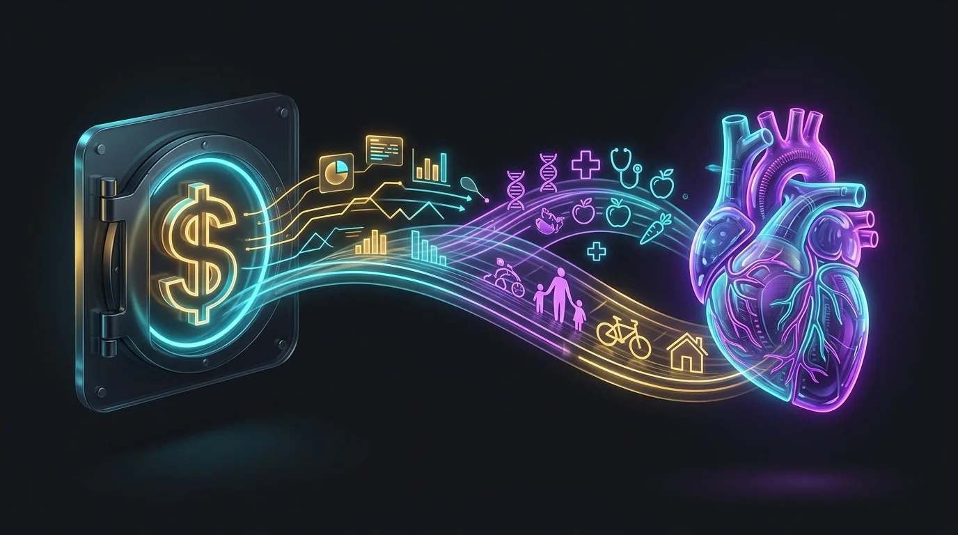 Digital bridge connecting bank account data with health and family icons to illustrate Thrive X Secure financial planning.