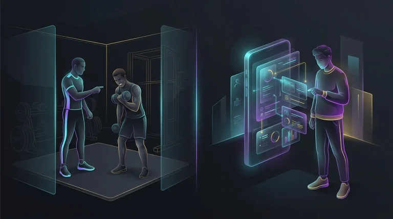 Split screen comparing traditional gym personal training with the flexible, AI-driven Thrive X Fitness mobile app.