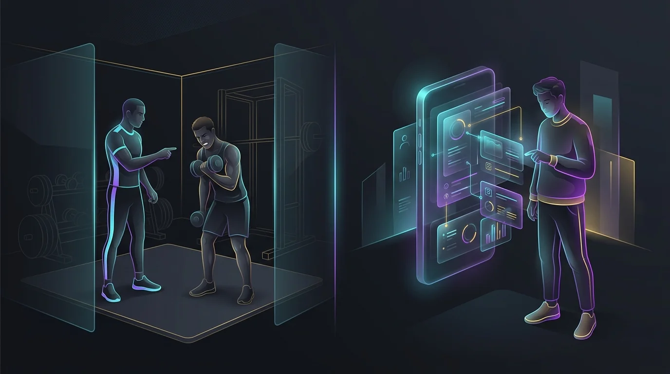 Split screen comparing traditional gym personal training with the flexible, AI-driven Thrive X Fitness mobile app.