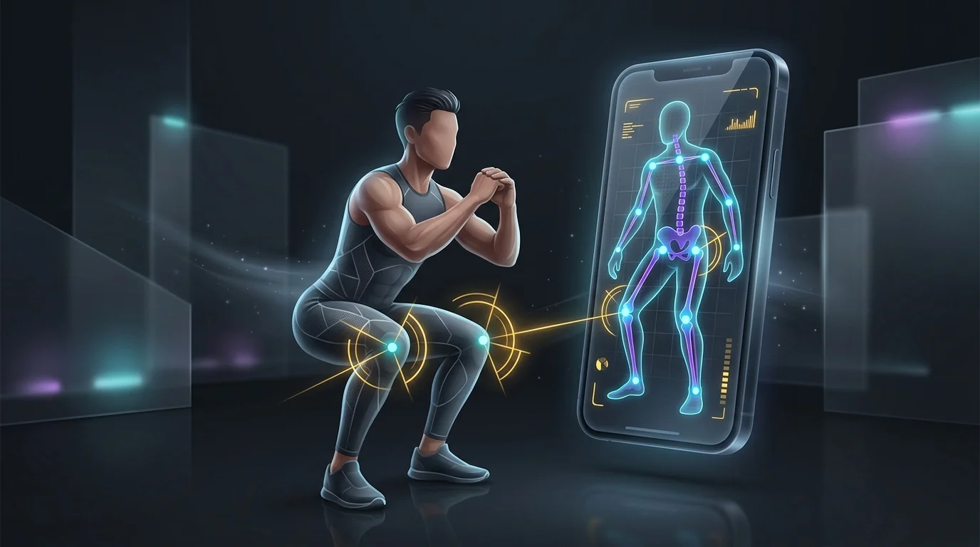 AI Form Coach providing real-time posture feedback via digital skeleton overlay during a squat for Thrive X Fitness.