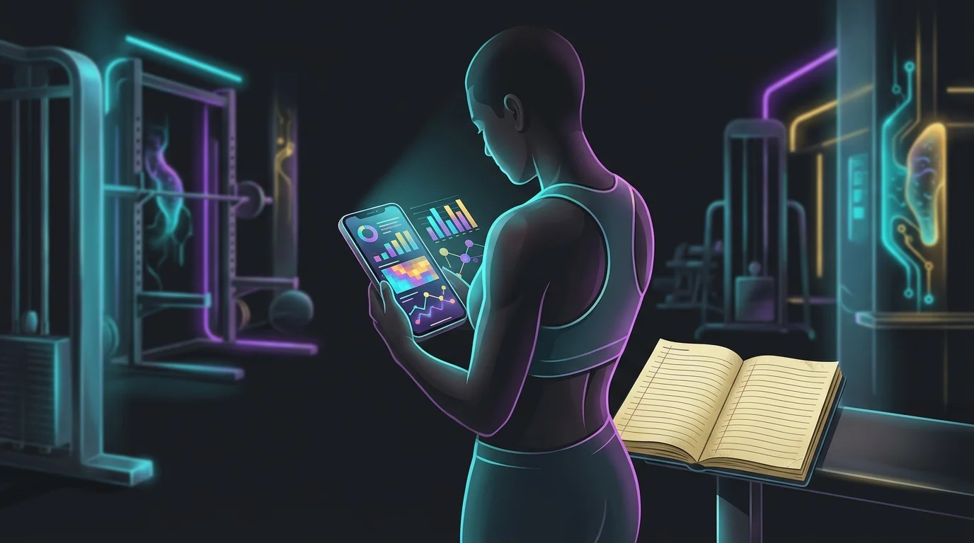 Smartphone showing Thrive X Fitness performance charts and activity streaks beside a traditional paper training log.