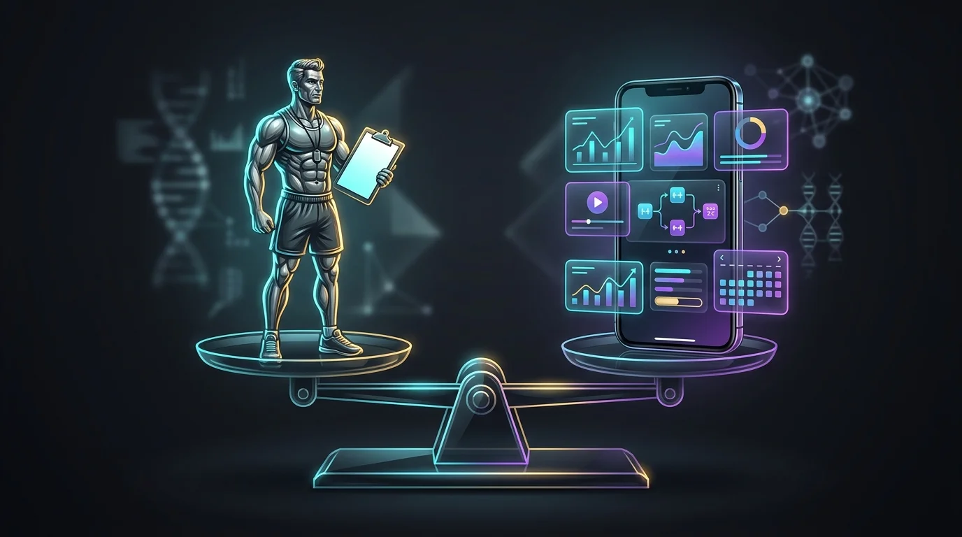 Scale balancing a costly traditional personal trainer against the affordable Thrive X fitness app interface.