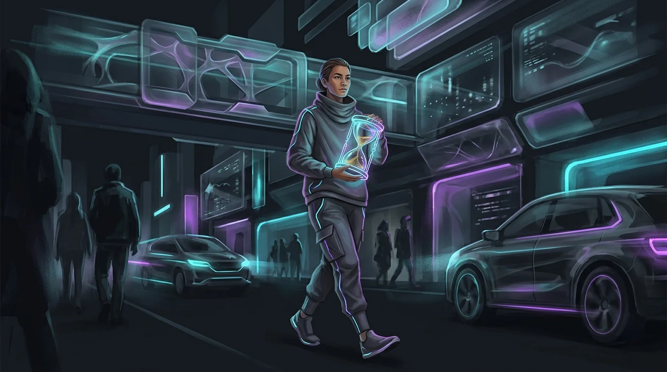 Person walking through a city carrying a glowing hourglass to represent prioritizing long-term longevity training.