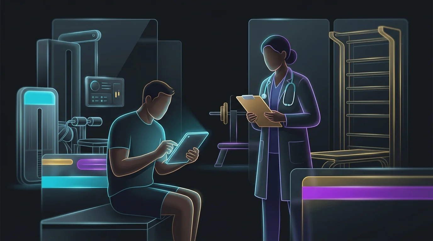 Athlete tracking longevity data on a tablet next to a medical professional in a training facility.