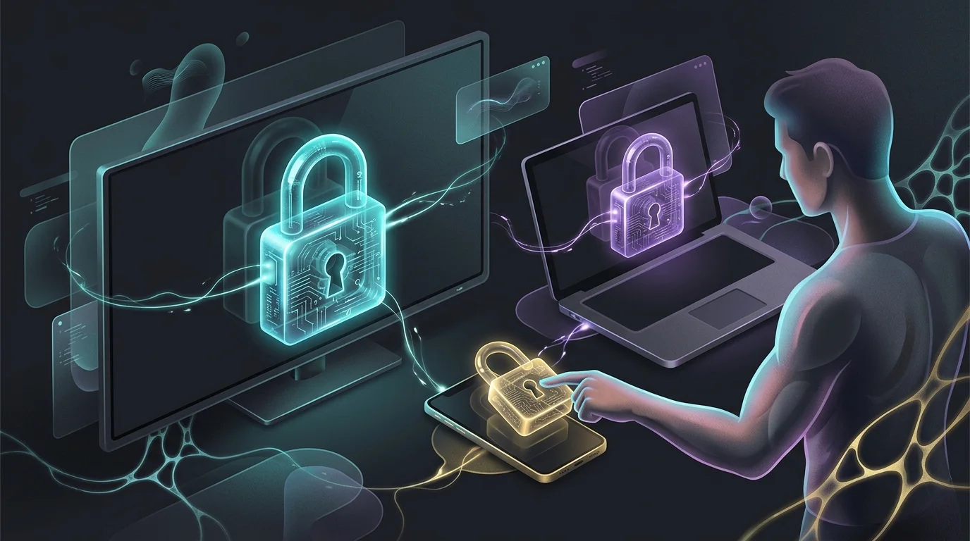 Digital padlock securing a smart TV, laptop, and phone to illustrate the zero trust home security model.