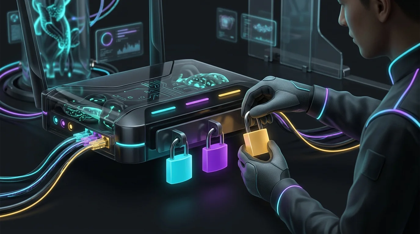 Person securing a router with multi-colored padlocks to represent isolated network segments for Zero Trust home security.