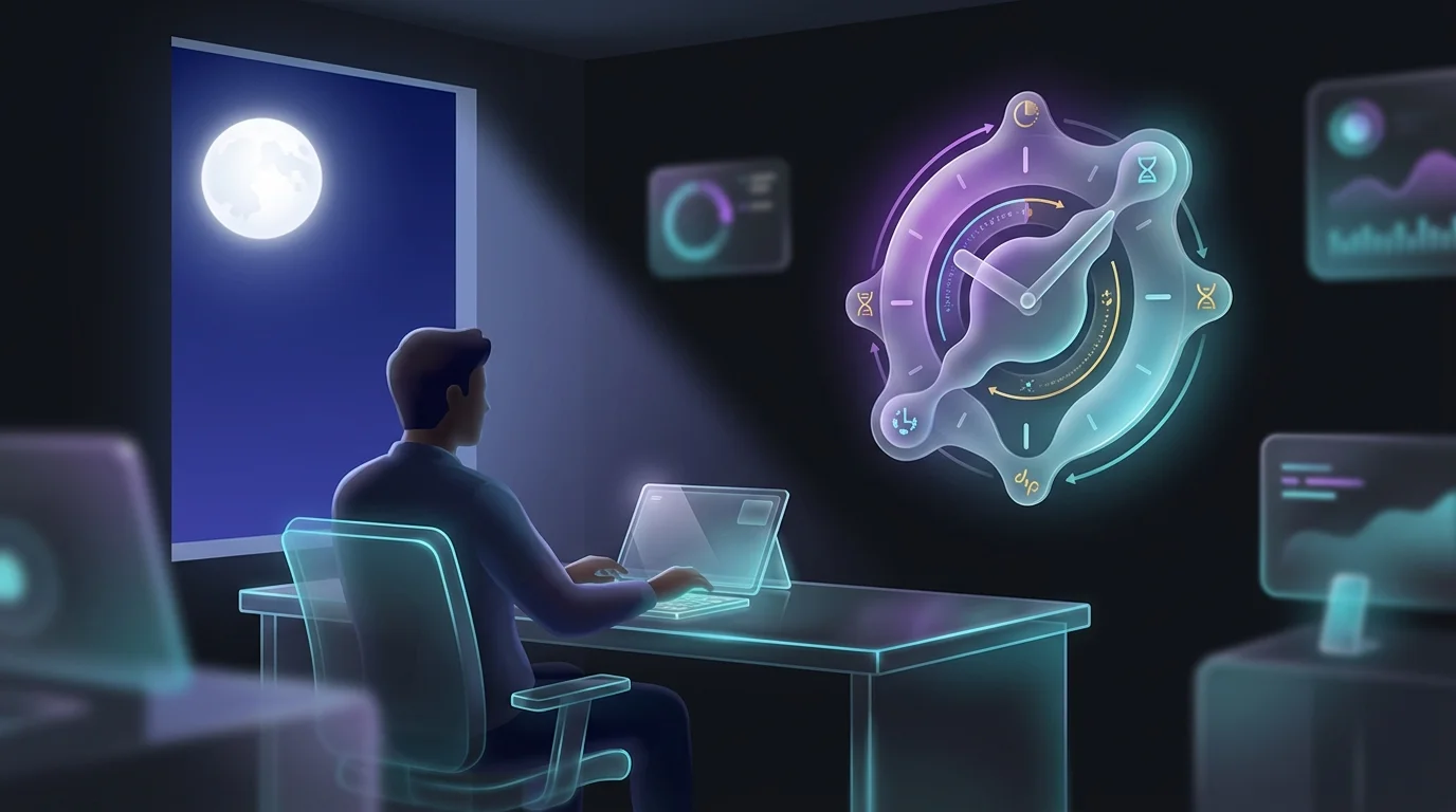Person working comfortably at a desk past midnight with a wall clock highlighting their unique chronotype.