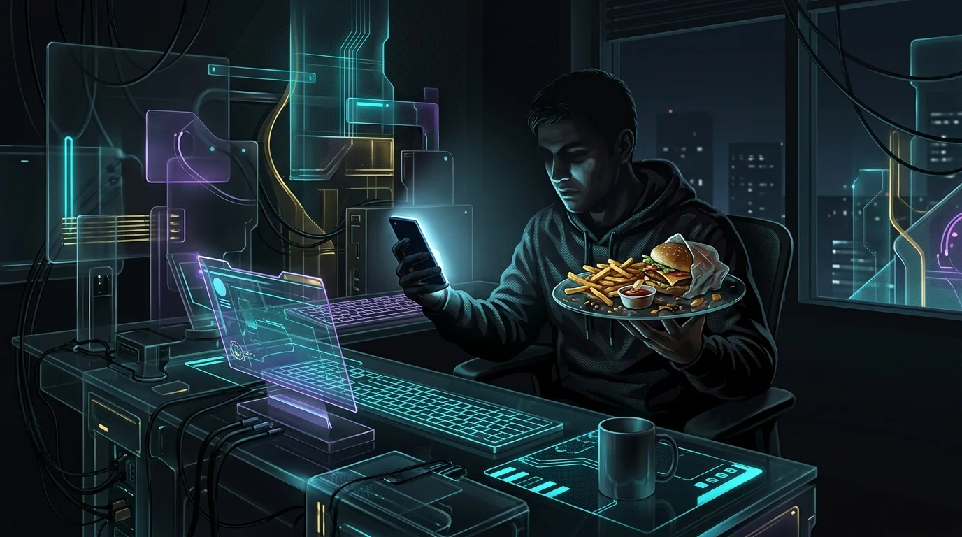 Night owl sitting at a desk with a smartphone and junk food, highlighting poor sleep hygiene and heart health risks.
