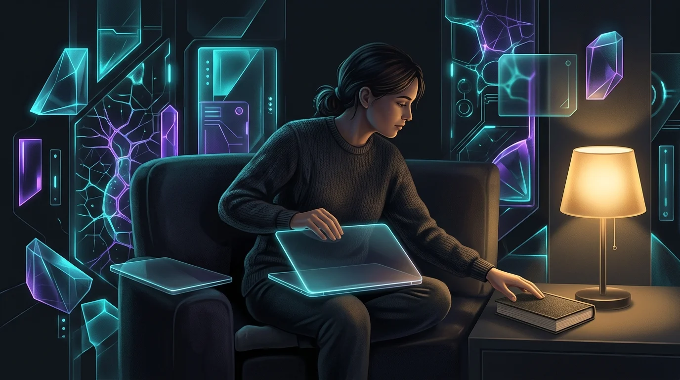Person closing a laptop to read a book under a warm lamp as part of a calming bedtime routine for better sleep hygiene.