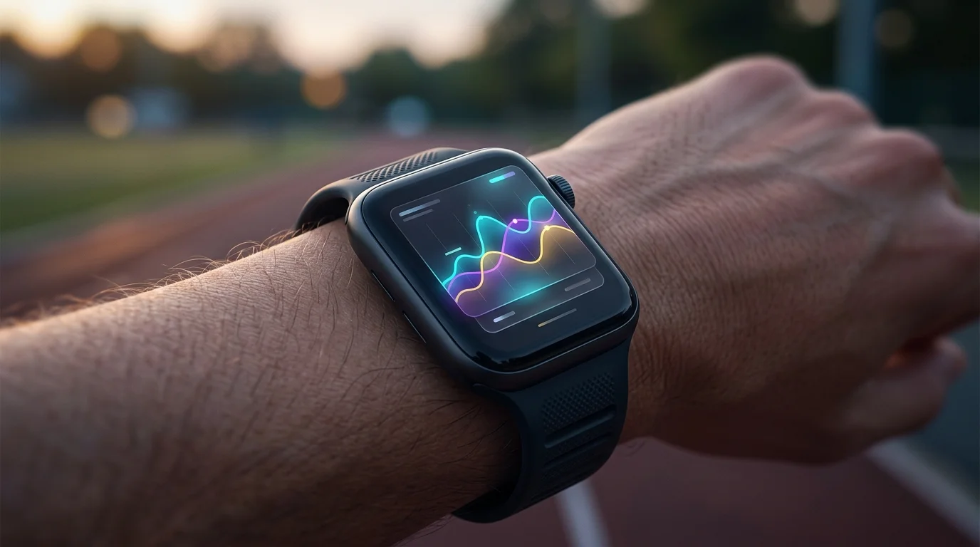 Apple Watch Series 10 displaying a colorful AI fitness tracking graph on a runner's wrist at an outdoor track.