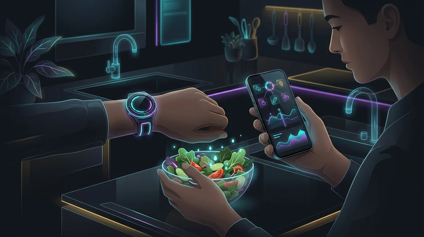 Person using a smartwatch and food tracking app to monitor nutrition for AI-powered weight loss.