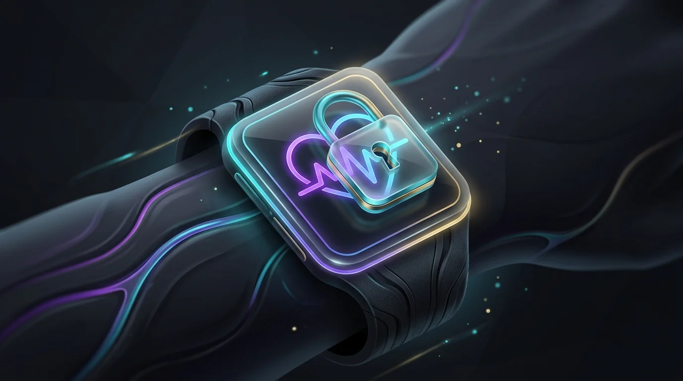 Digital padlock securing a heartbeat icon on a fitness tracker to highlight data privacy in AI wearables.