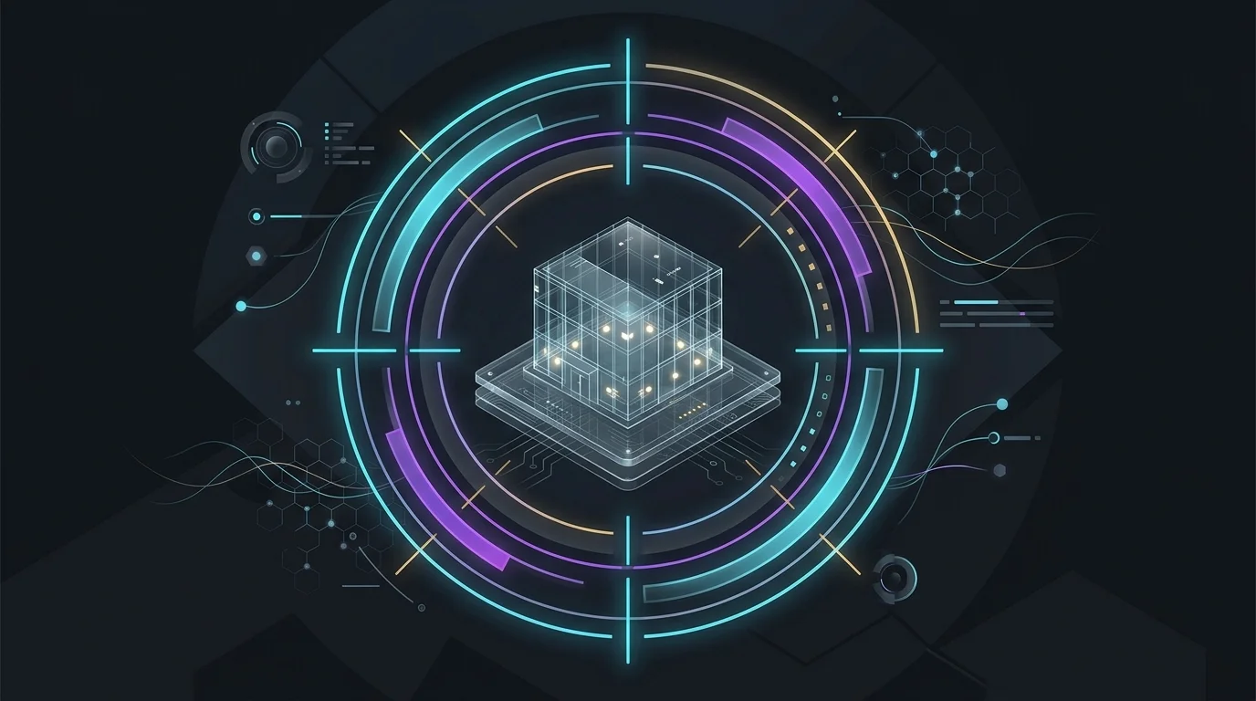 Glass office building inside a digital crosshair representing cyber liability insurance for small startups.