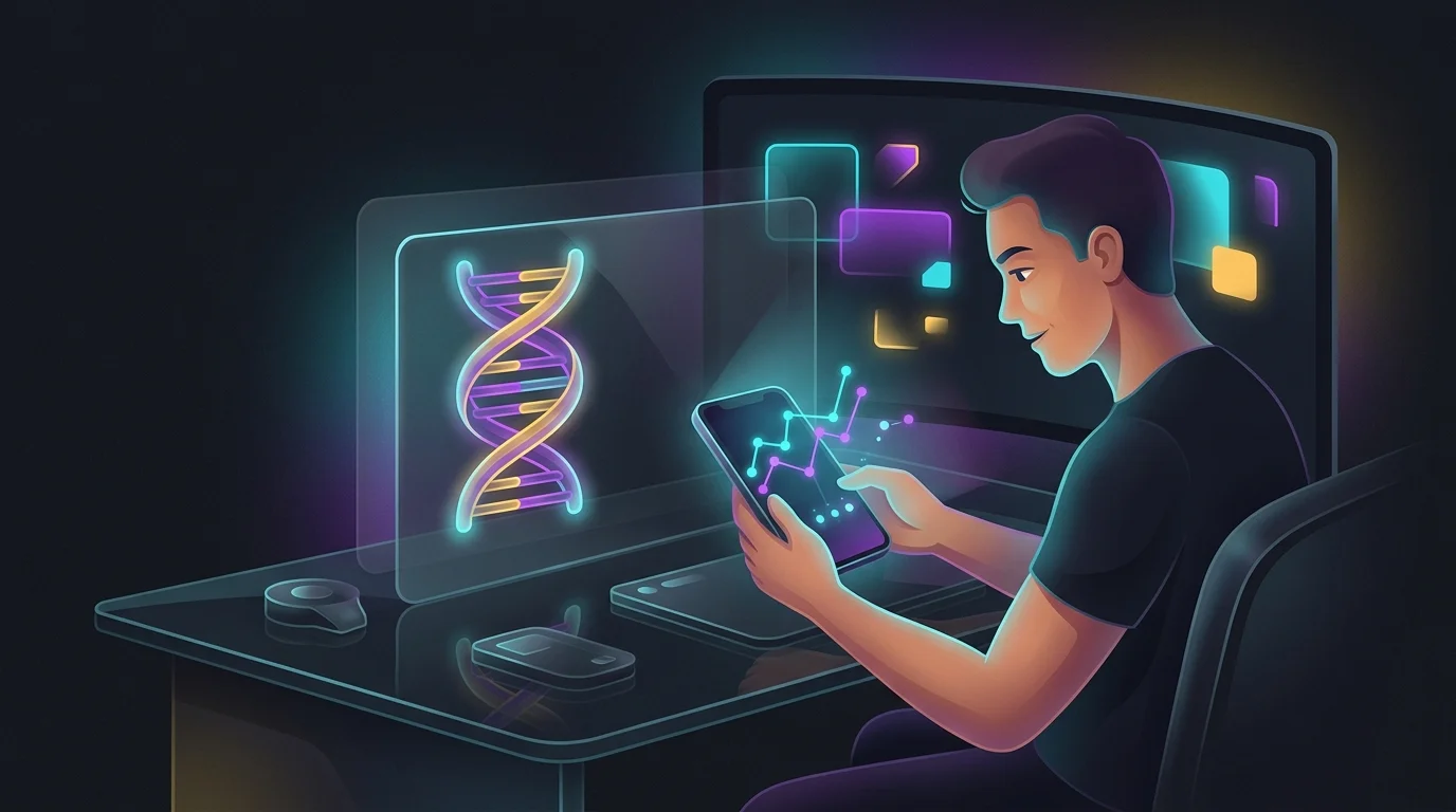 Person using a smartphone to analyze workout progress and DNA data for a personalized muscle growth plan.