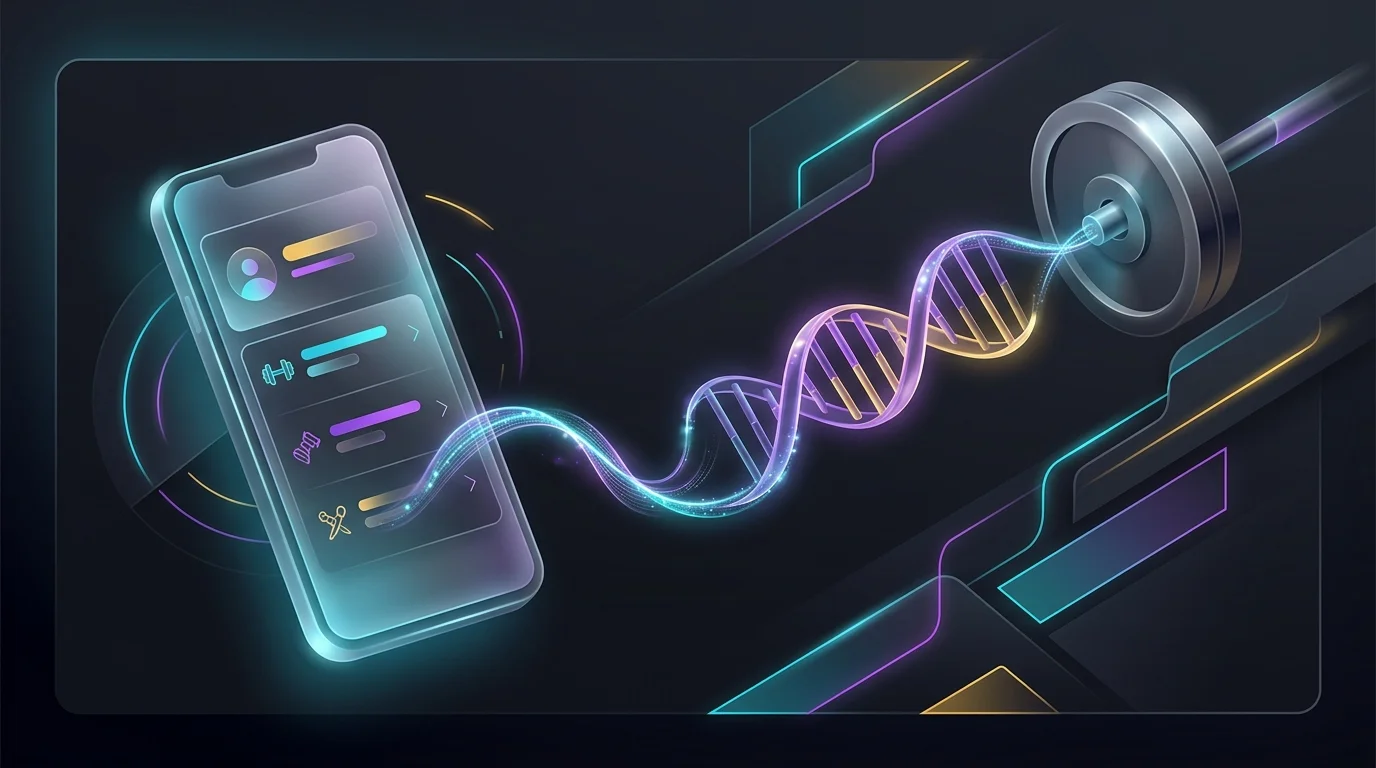 Smartphone showing a personalized DNA workout plan connecting genetic insights to gym training via Thrive X Fitness.