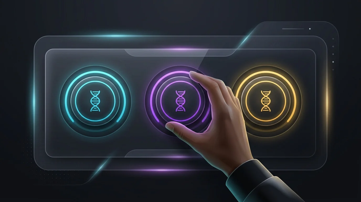Hands adjusting three dials labeled with DNA icons to balance training volume, frequency, and intensity for muscle growth.