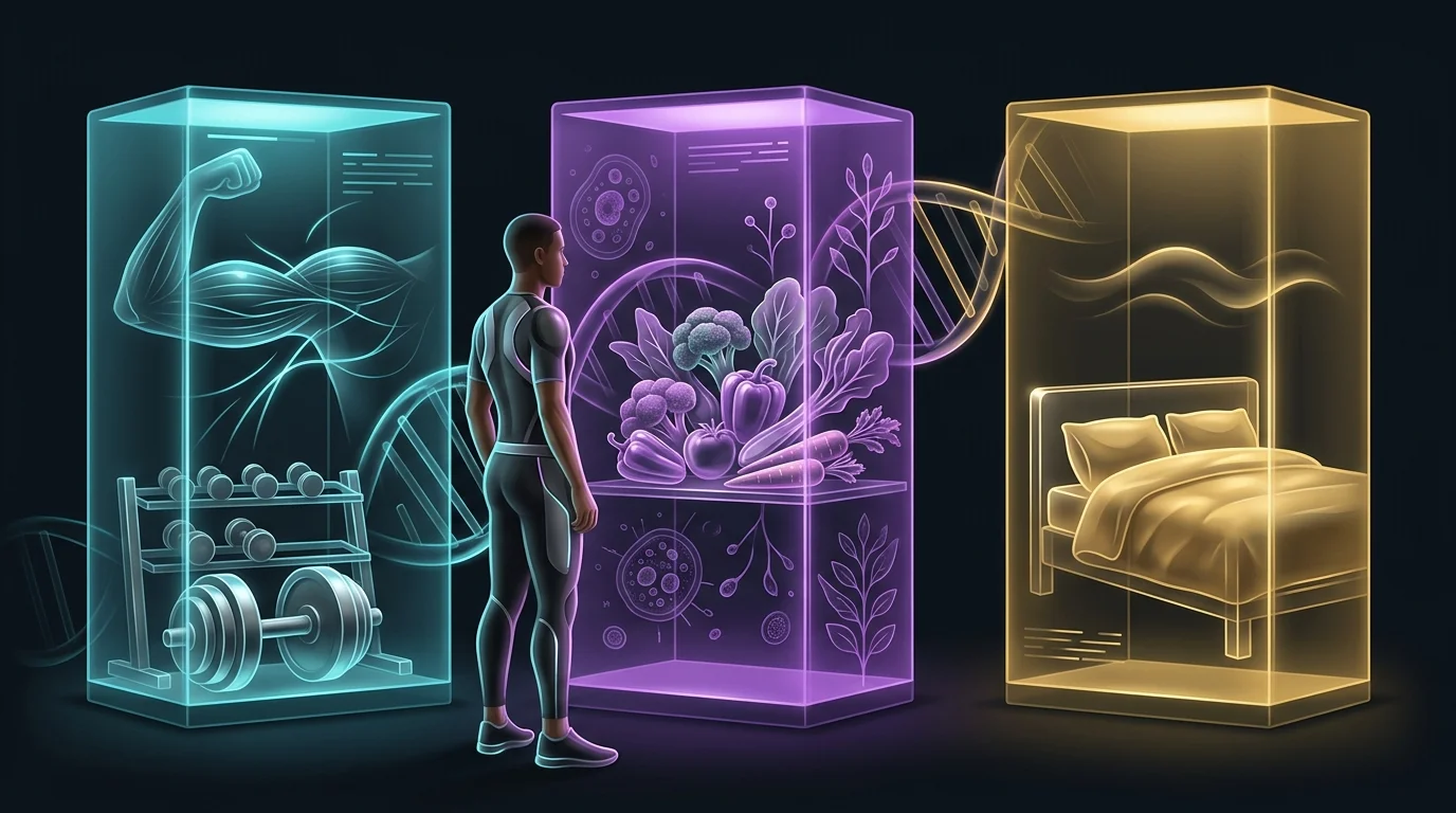 Person balancing gym weights, fresh vegetables, and a made bed to optimize DNA-based muscle recovery and training.