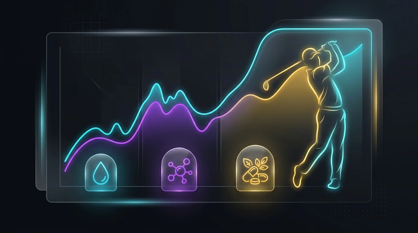 Digital heart-rate variability graph transitioning into a golf swing to illustrate recovery-first fitness data.