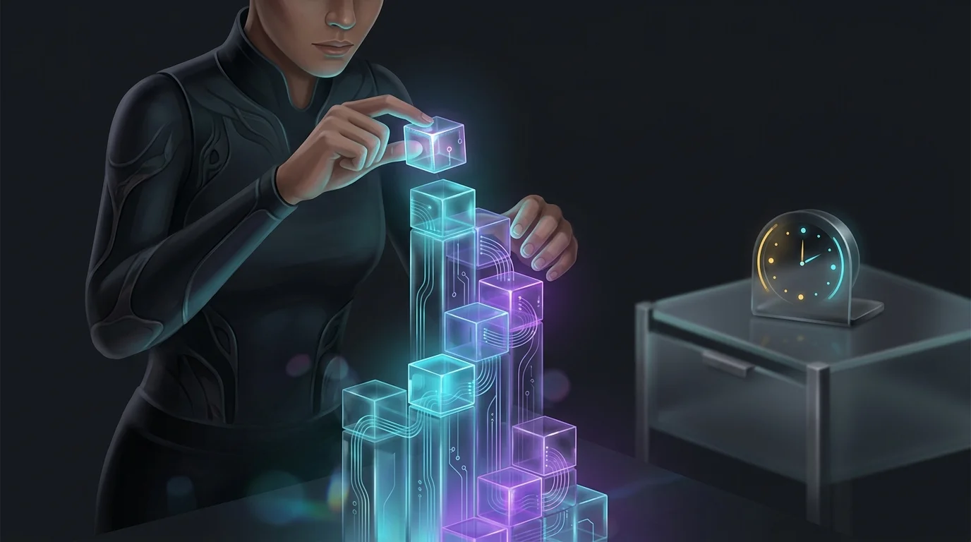 Person building a tower of daily habits near a bedside clock to prioritize sleep and improve recovery readiness.