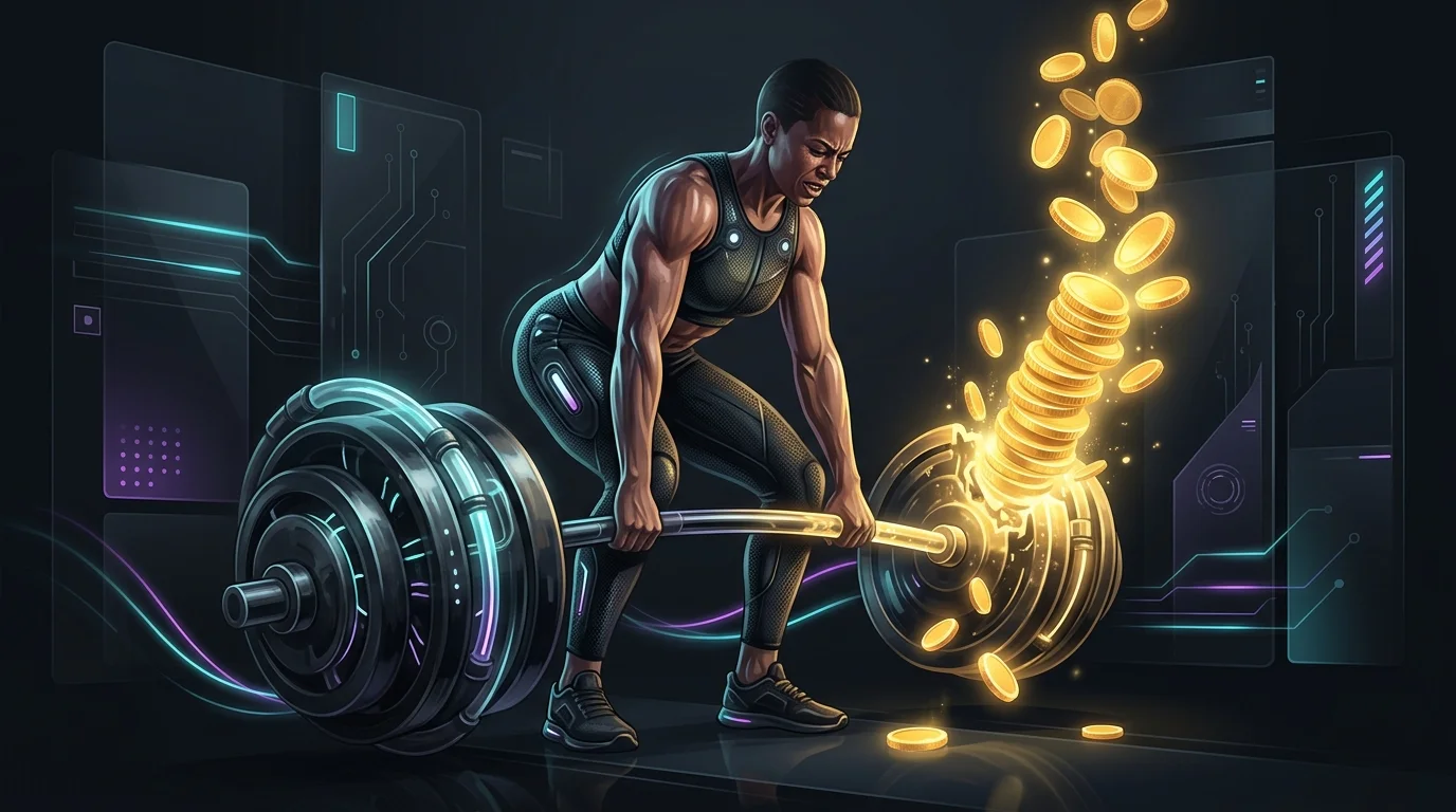 A weightlifter lifting a barbell that transforms into gold coins, representing the Thrive X fitness business model.