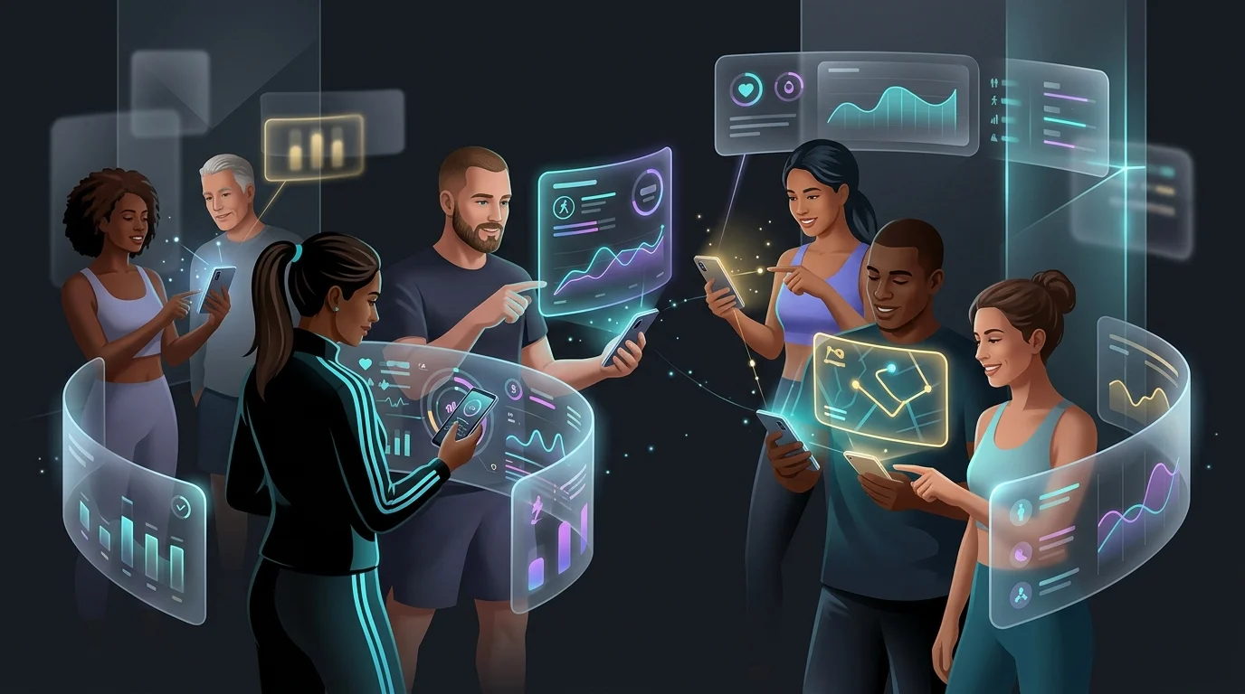 Diverse individuals using the Thrive X app to share fitness progress and build community accountability.