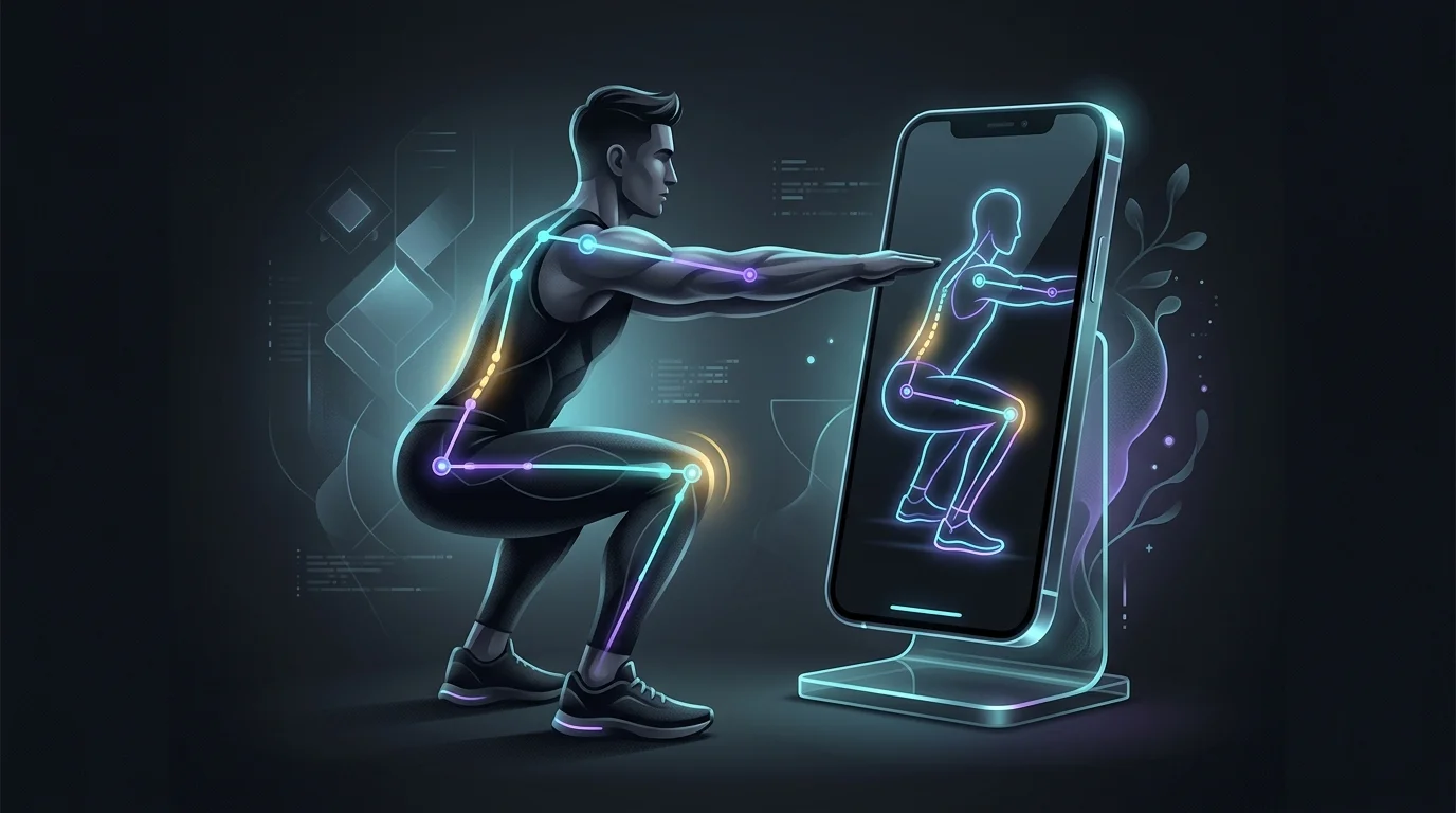 Person performing a squat with AI Form Coach digital alignment overlay for real-time fitness correction.