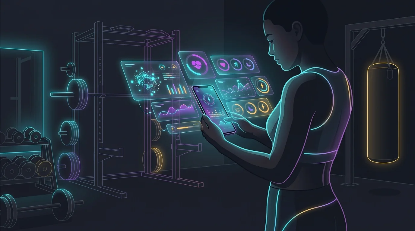 Gym member using a digital health and wellness dashboard to replace traditional personal training coaching.