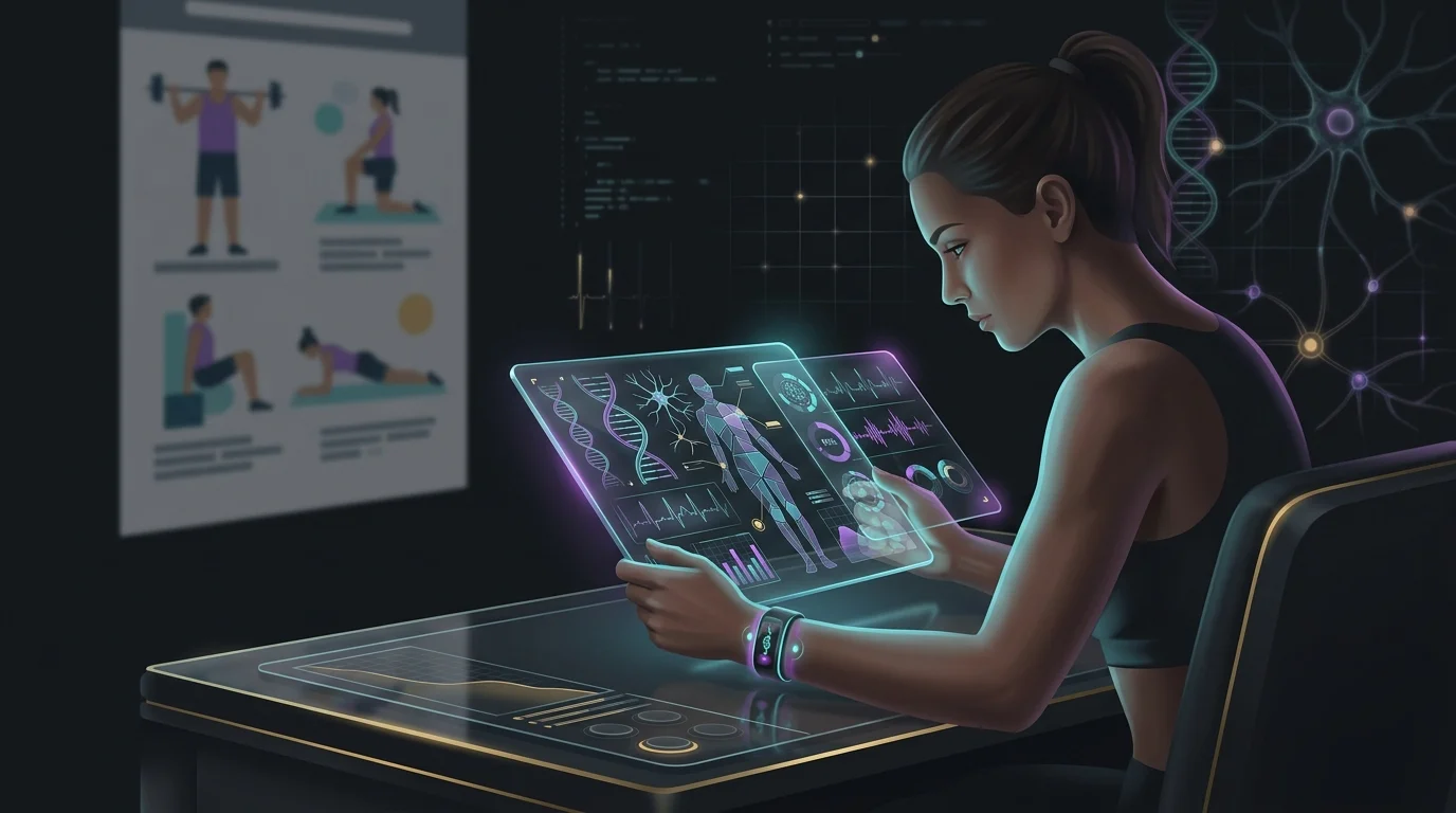 Person using a fitness tracker and tablet to analyze biometric data instead of a generic AI workout plan.