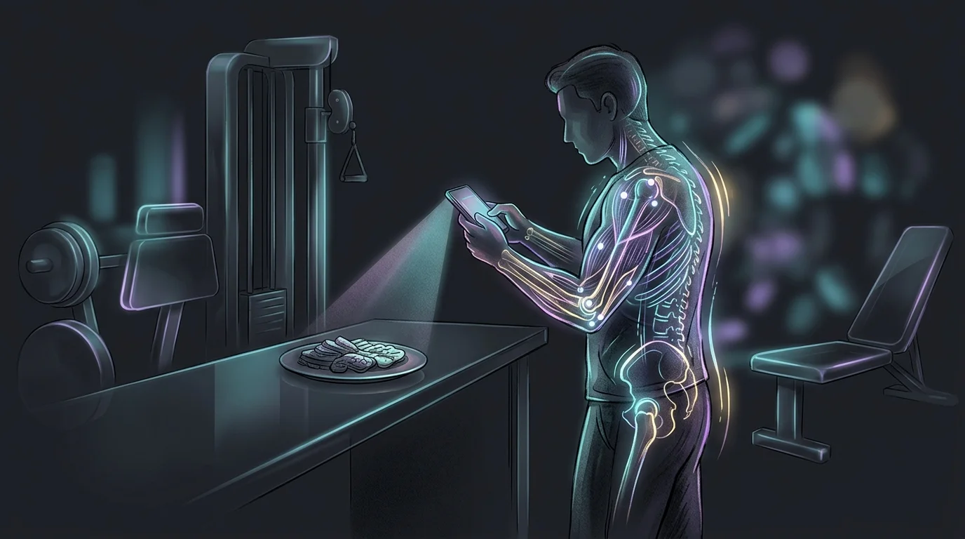 Person using AI workout generator to scan food and receive real-time exercise form corrections in a gym.