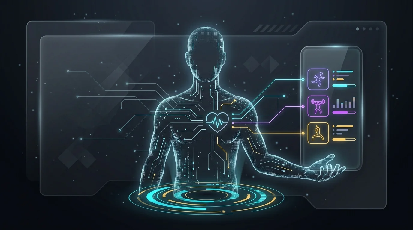 Digital silhouette using biometric data to create a personalized AI workout plan on a smartphone screen.
