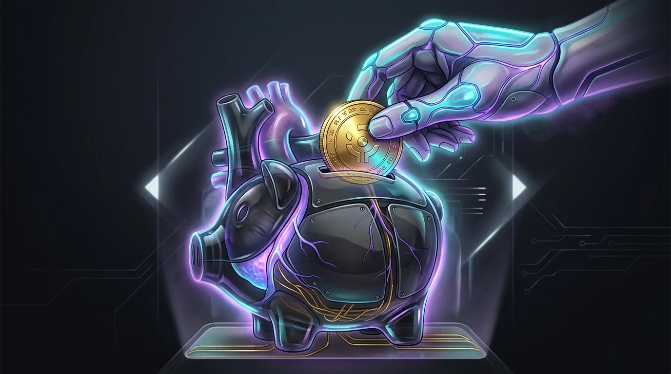 Person placing a gold coin into a heart-shaped piggy bank to represent long-term health as a vital financial asset.