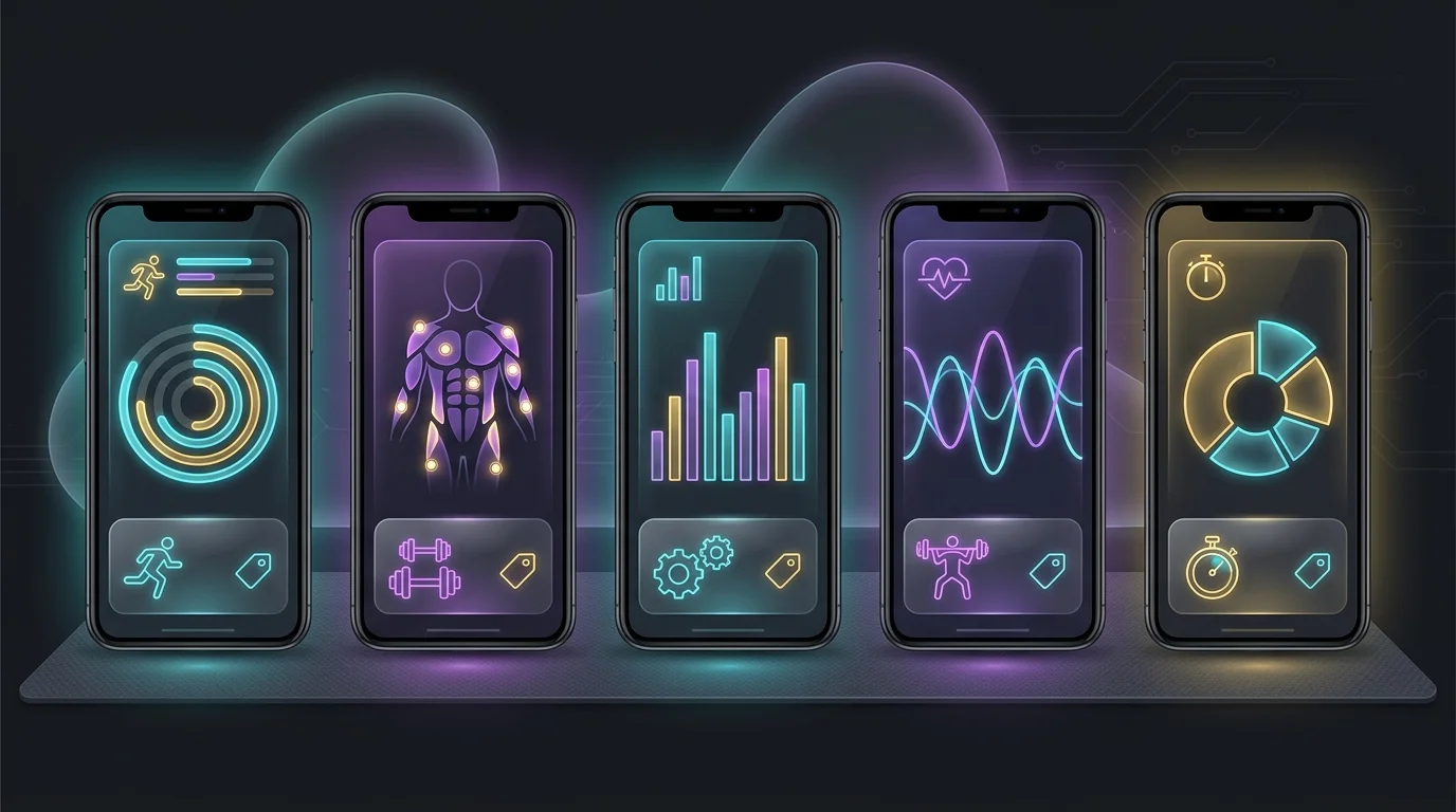 Five smartphones on a gym mat displaying various AI workout plan generator interfaces and pricing side by side.