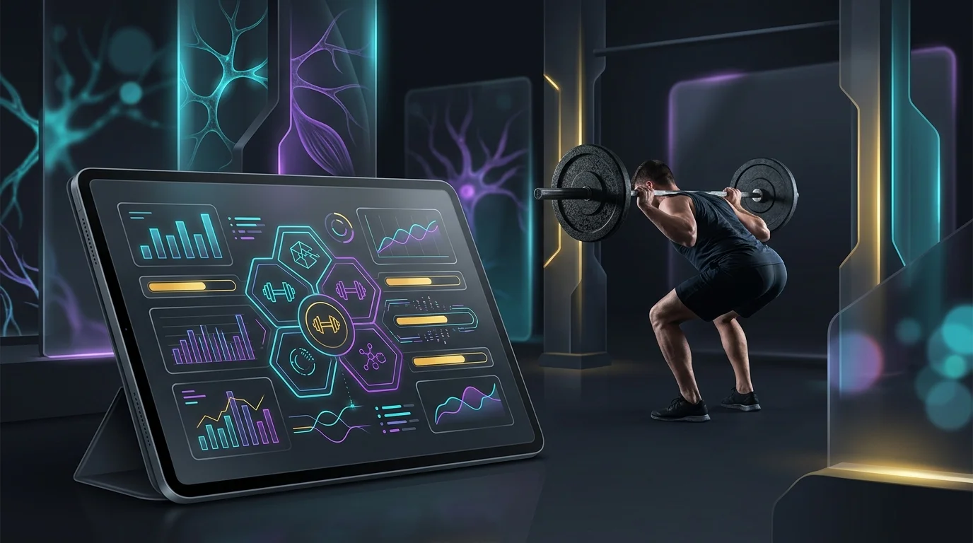 Digital tablet showing an AI workout plan while a person performs a squat with incorrect form.