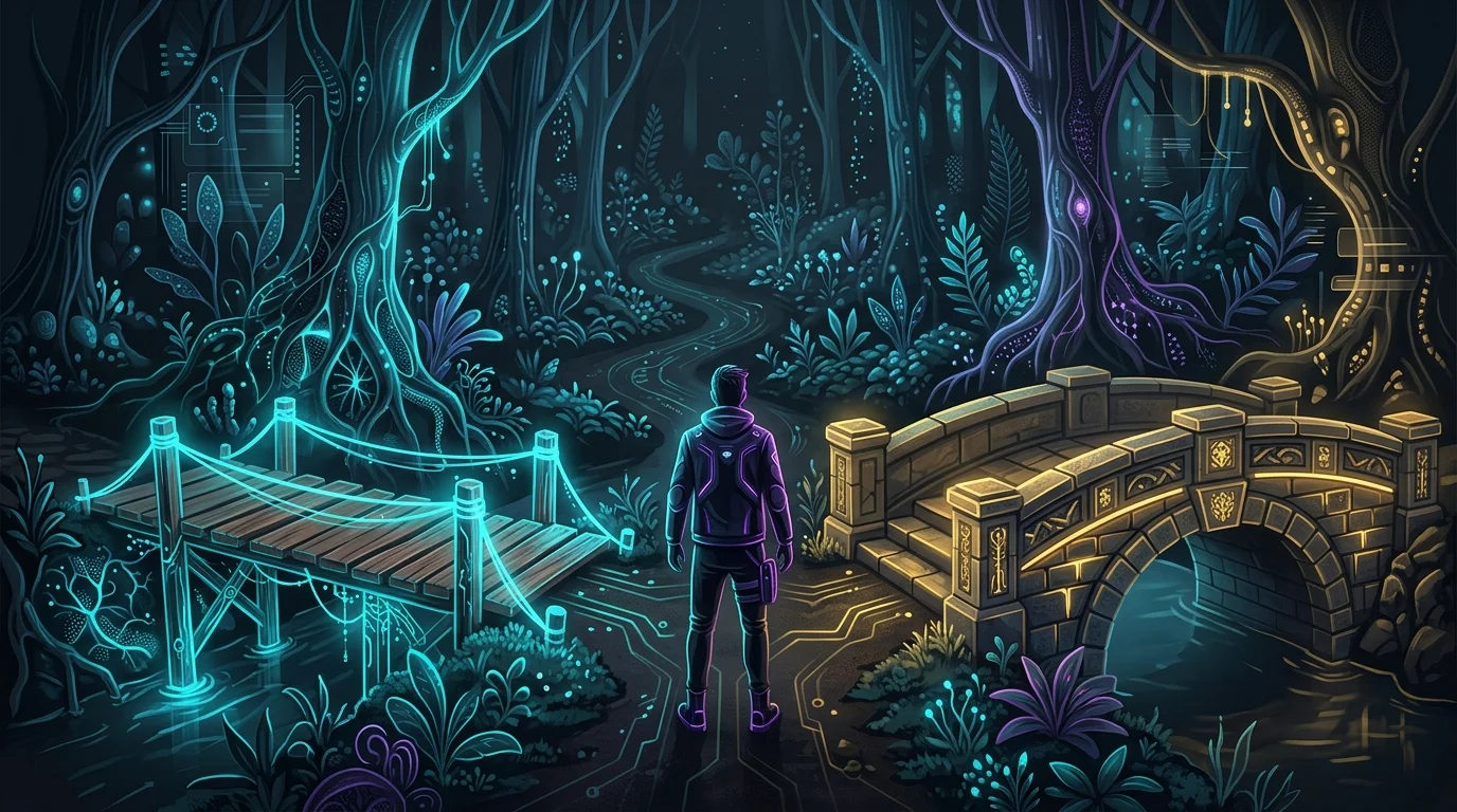 Person at a forest path fork choosing between a temporary bridge and a permanent stone structure for life insurance.