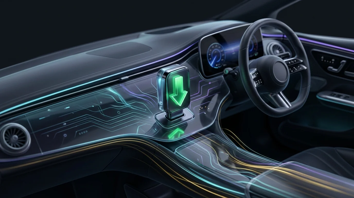 Small tracking device plugged into a car dashboard showing a green arrow to represent lower car insurance rates.