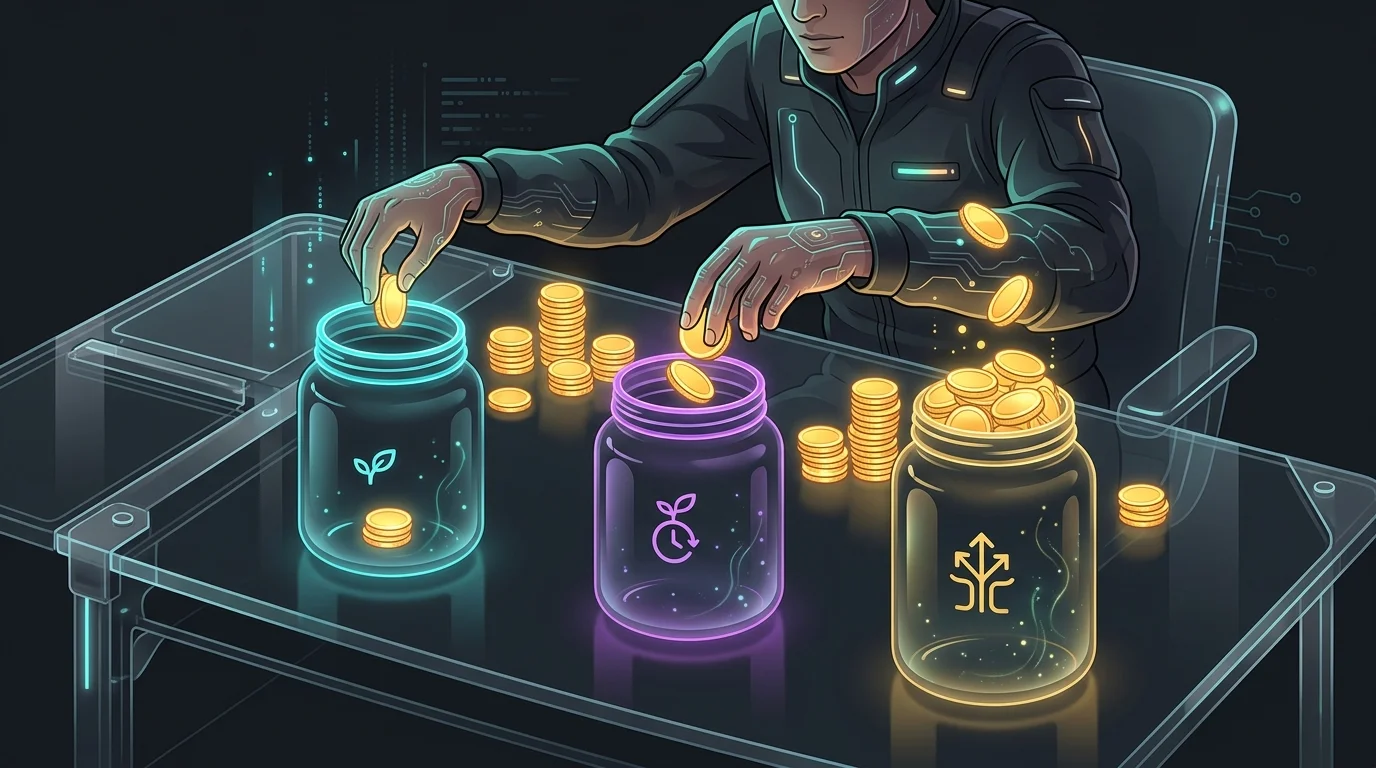 Person sorting gold coins into jars labeled by short, medium, and long-term financial plan goals.